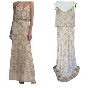 Champagne Tan Beaded Maxi Bridesmaid Dress Size 12 ADRIANNA PAPELL PLATINUM